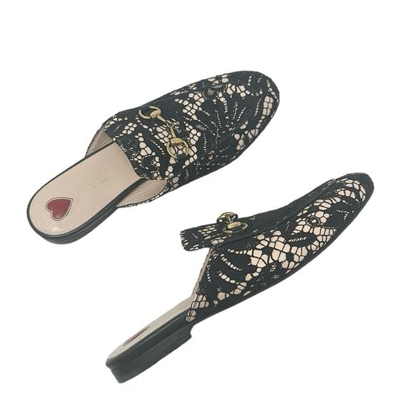 Gucci Princetown Horsebit Mules Leather Lace Overlay Black Tan Size 37 - Picture 9 of 9